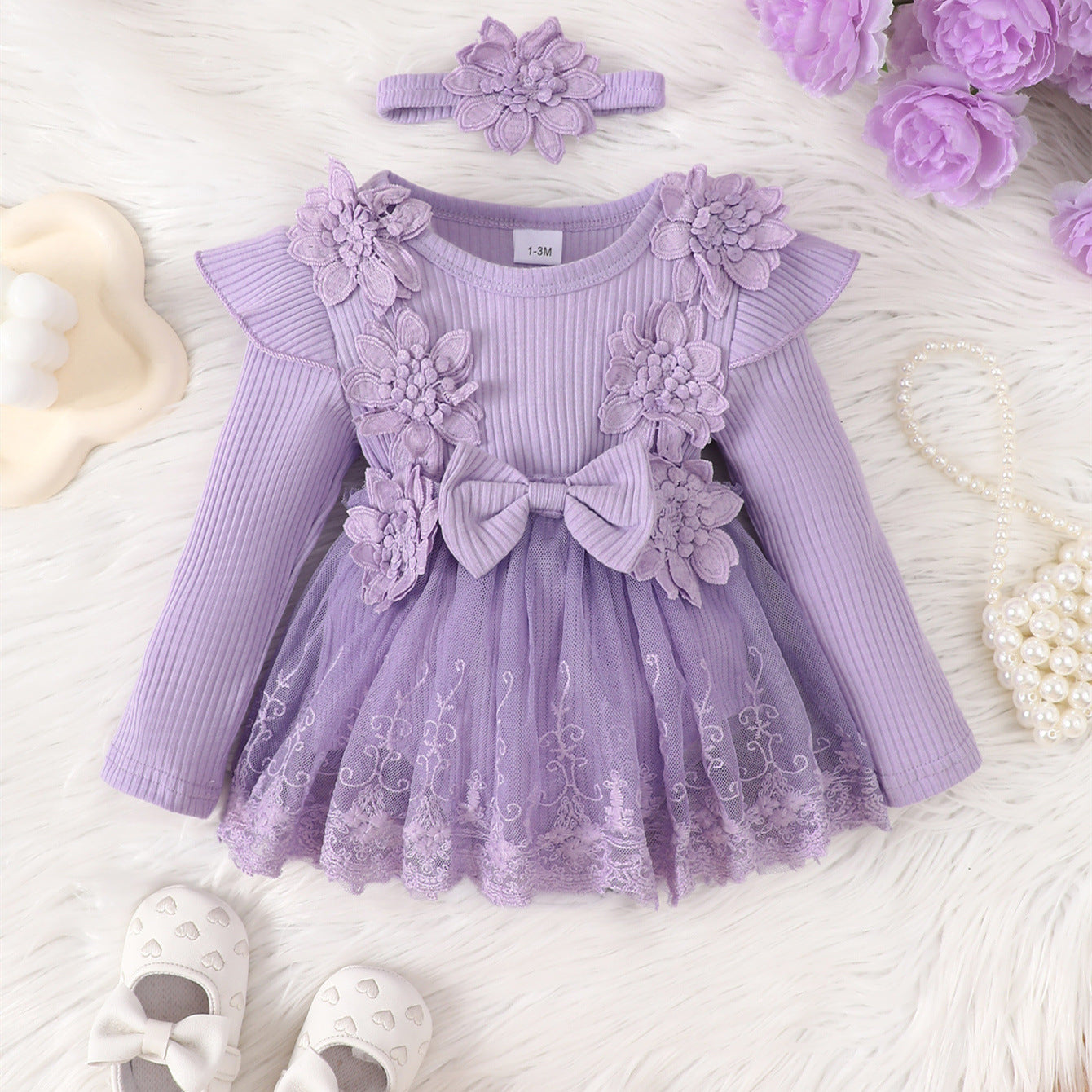 Infant Toddler Lace Flower Long Sleeve Jumpsuit Princess Princess Dress