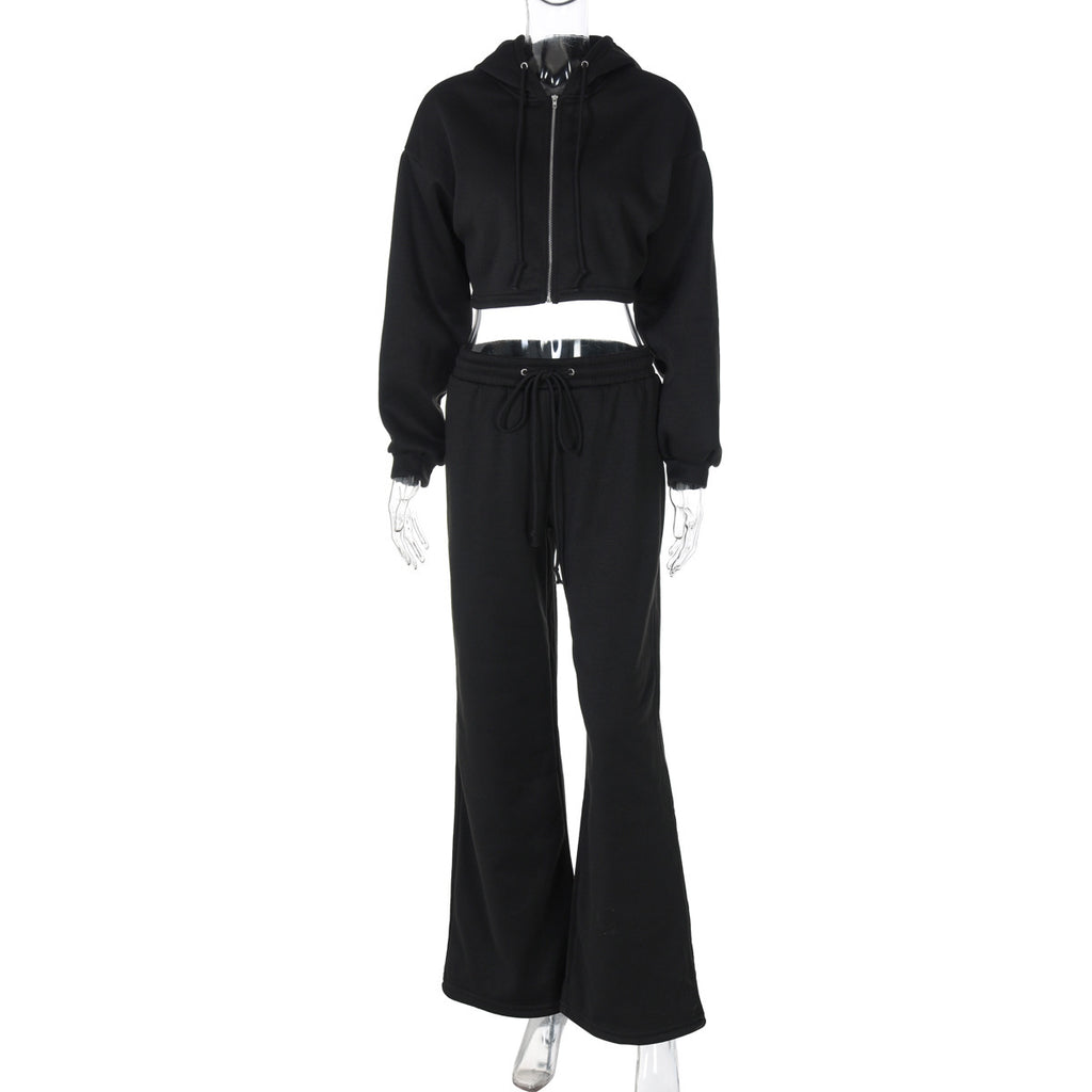 European And American Fashion Zipper Hooded Midriff-baring Top Slim Casual Trousers Suit