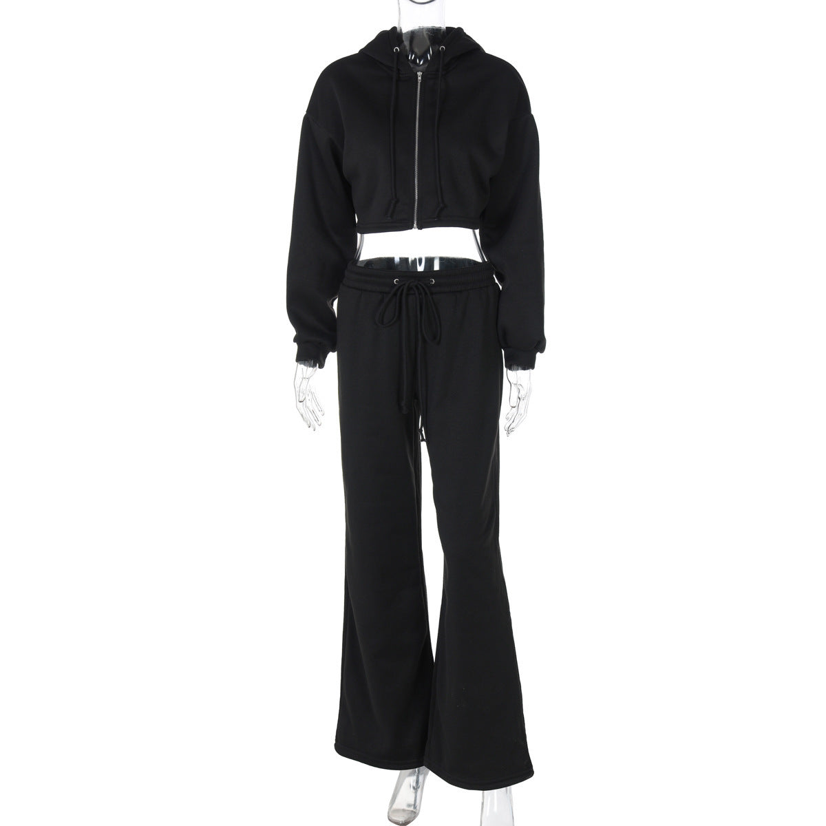 European And American Fashion Zipper Hooded Midriff-baring Top Slim Casual Trousers Suit