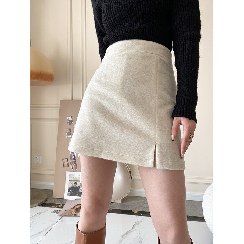 Women's Slit Woolen A-line Short Skirt