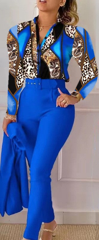 Printed Long-sleeved Top Solid Color Pants Suit With Belt