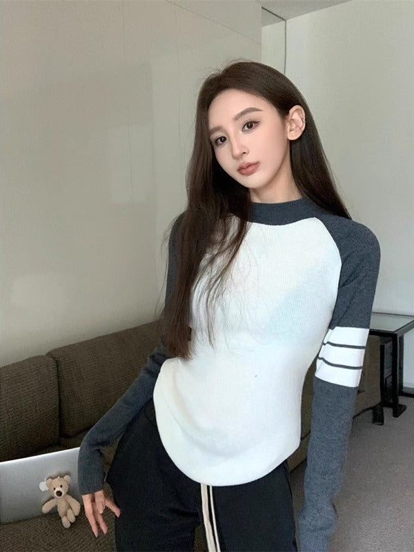 Hot Girl Striped Contrast Color Long Sleeves Knitted Top