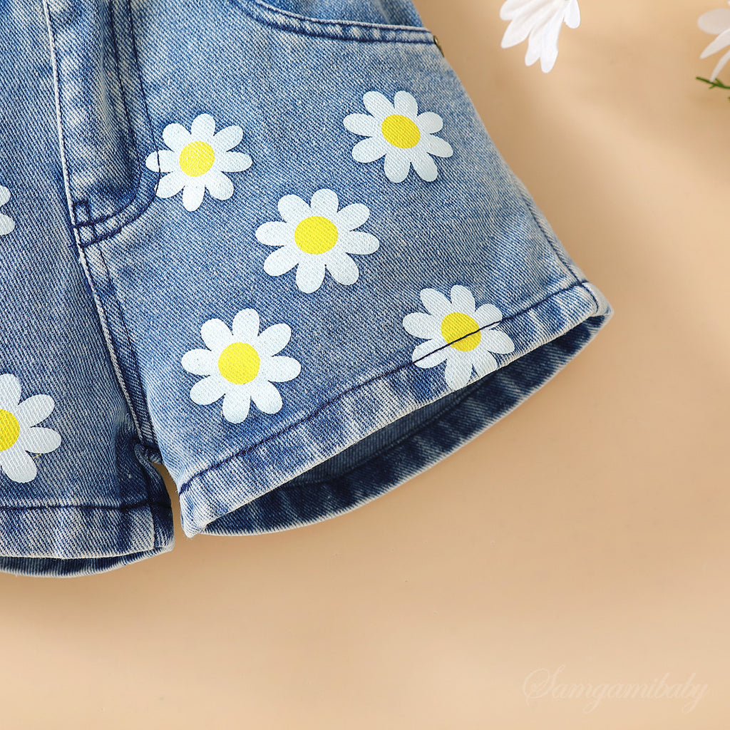 Summer Girls' Suit Polka Dot Mesh Sleeves Denim Shorts