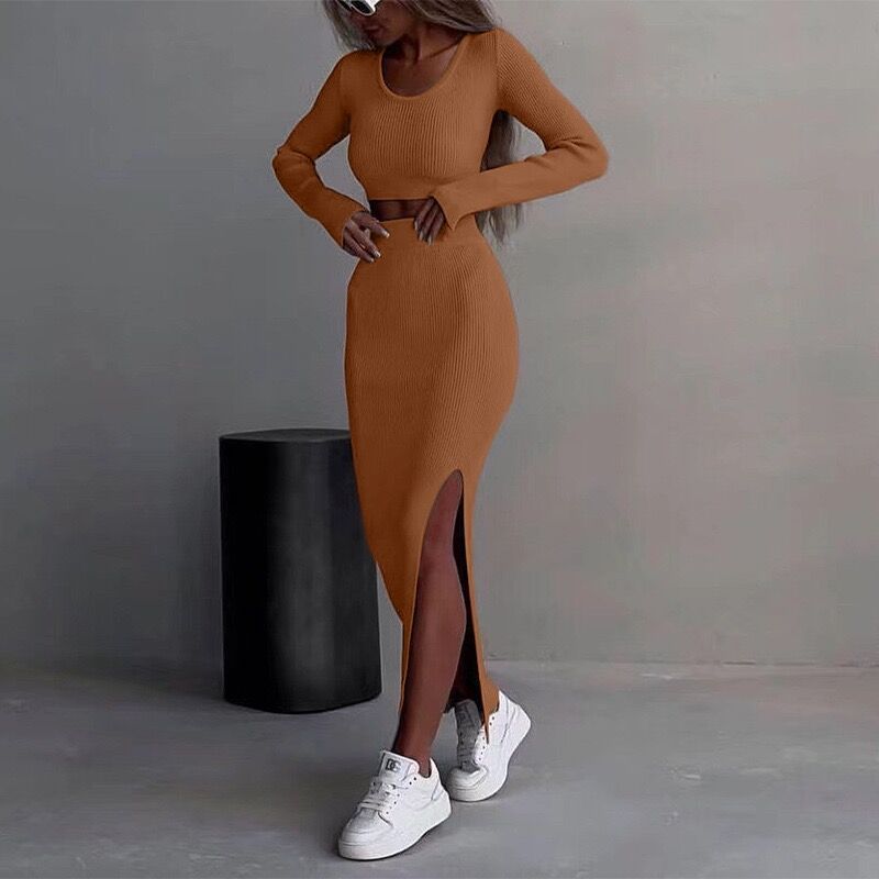Solid Color Knitted Long-sleeve Suit Half-length Slit Sheath Skirt Two Pieces