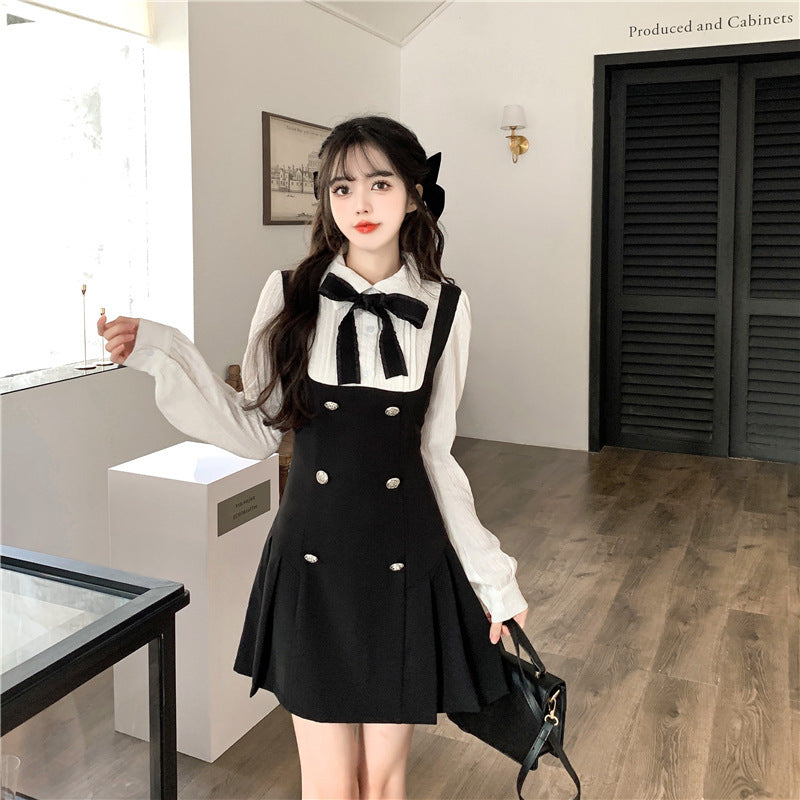 Long Sleeve Fake Two-piece Sweet Bow Black Slimming Lapel Dress