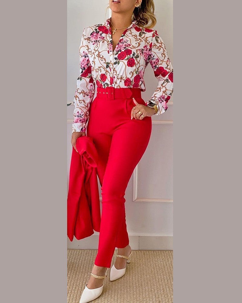 Printed Long-sleeved Top Solid Color Pants Suit With Belt