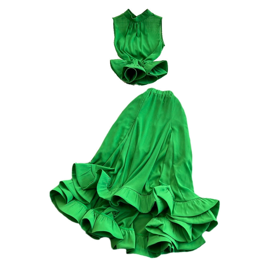 Stand Collar Ruffled Sleeveless Top High Waist Fishtail Skirt Suit