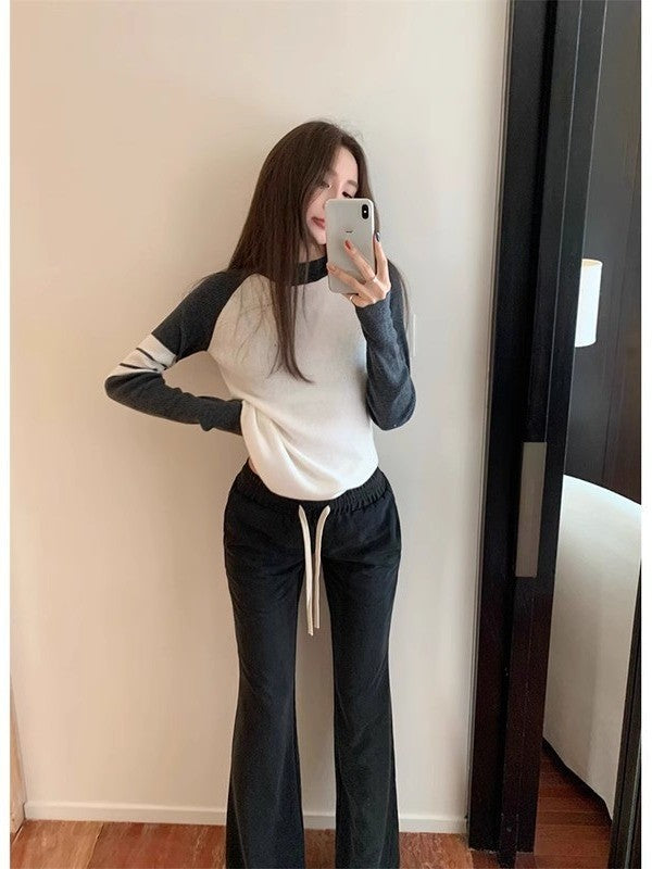 Hot Girl Striped Contrast Color Long Sleeves Knitted Top