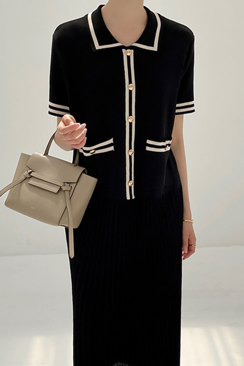 Knitted Dress In Heavy-duty Metal With Lapel Contrast Trim