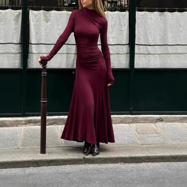 Elegant Slim Fit Half-high Collar Long Sleeves Hip Long Dress