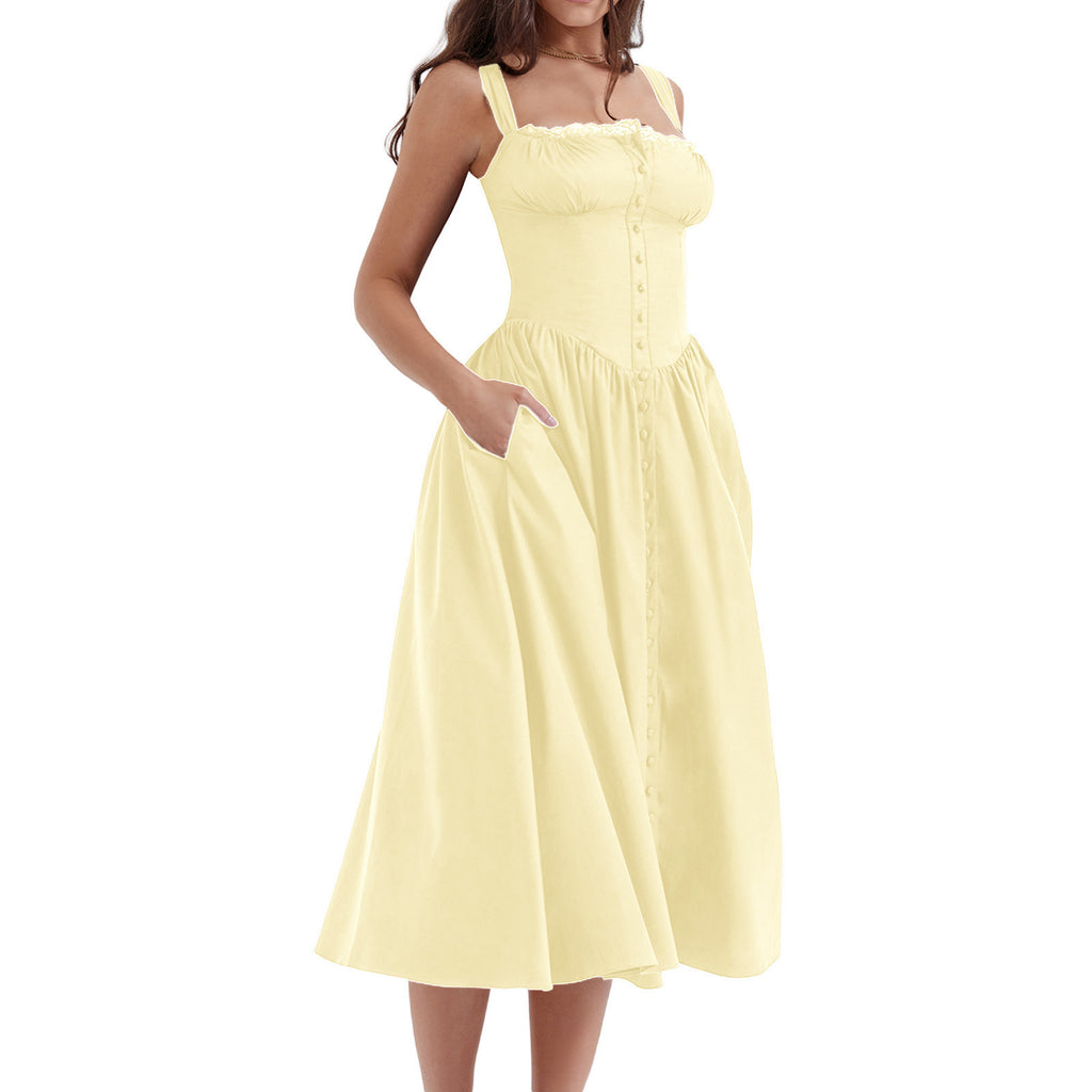 New Spring And Summer European And American Style Spaghetti Straps Chest Wrap Small Floral Solid Color Dress