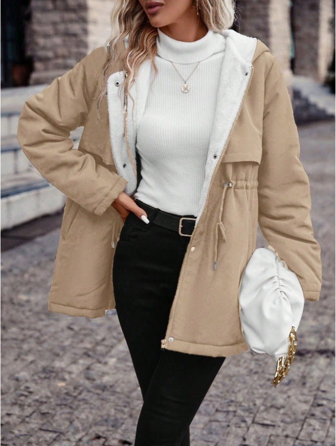 Drawstring Waist Hooded Plush Lined Parka Coat