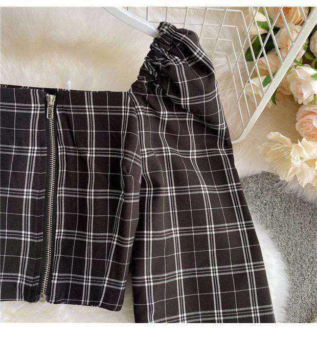 Contrast Color Cutout Knit Sweater Short Plaid Skirt
