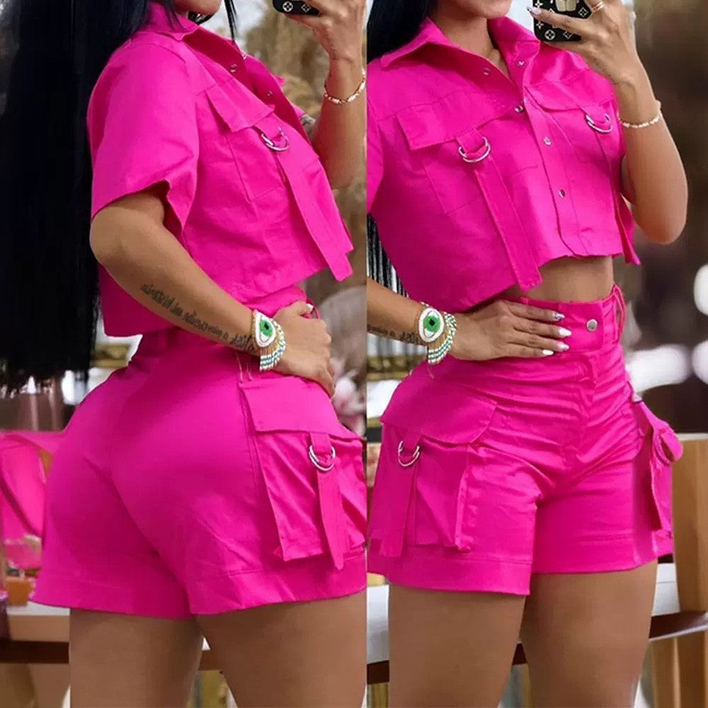 Solid Color Bellows Pocket Pocket Design Overall Suit