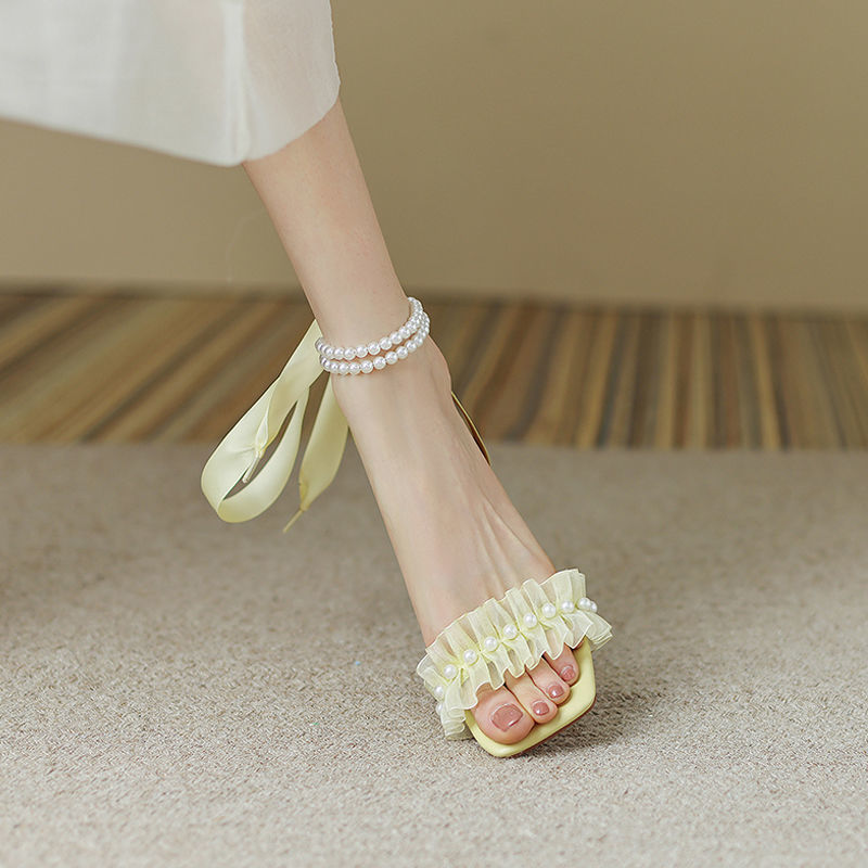 Women's Chunky Heel Pearl Ribbon Sandals