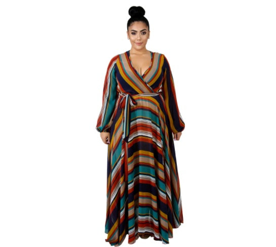 V-neck Long Sleeve Flower Beach Chiffon Dress