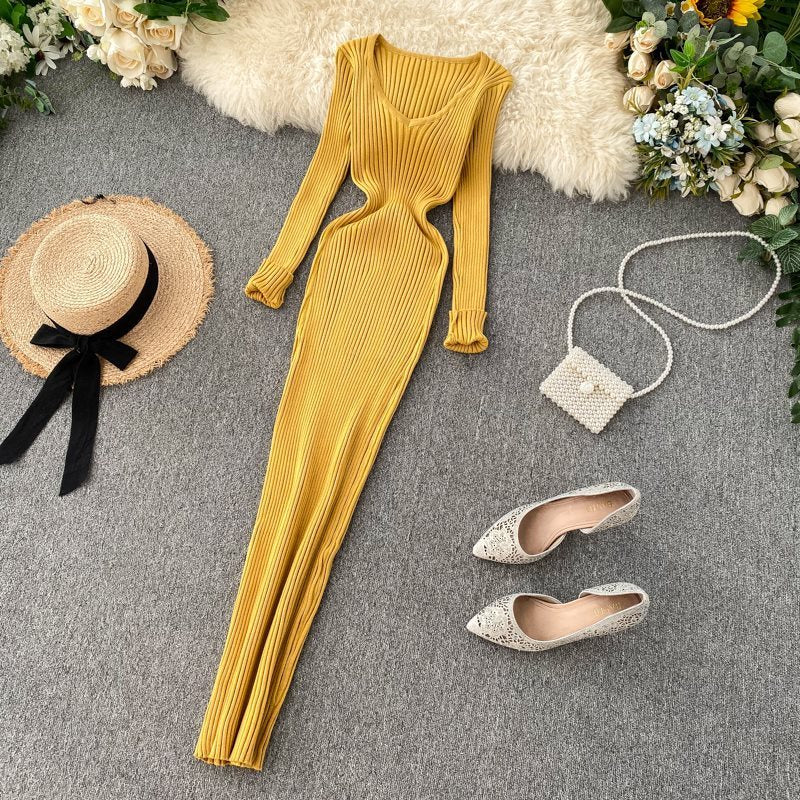Dress Women Simple Solid Color Long Sleeve Tight