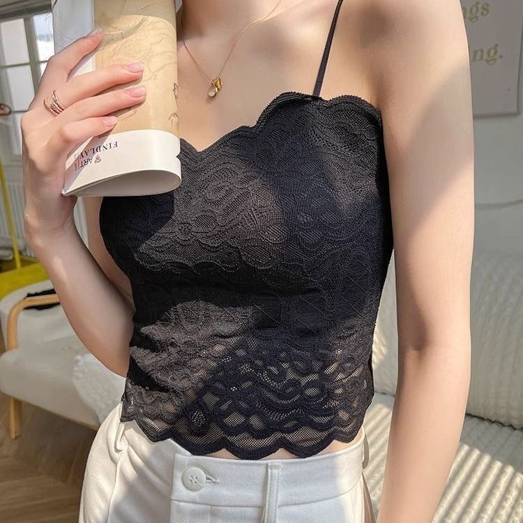 With Chest Pad Sexy Lace Beautiful Back Sling Spaghetti Strap Wavy Lace Lace Vest