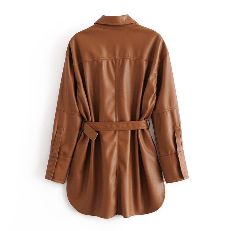 Women's Mid-Length Tunic Leather Shirt Jacket