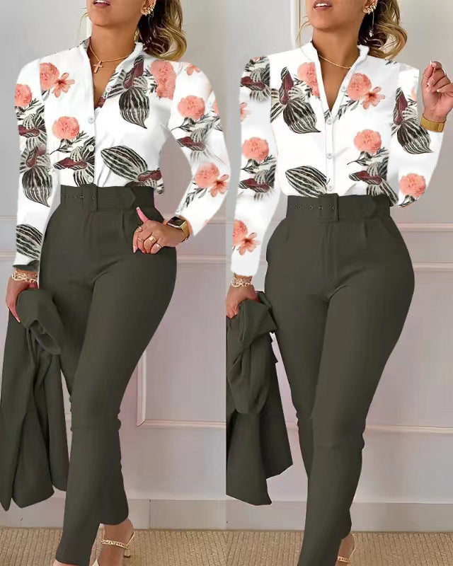 Printed Long-sleeved Top Solid Color Pants Suit With Belt