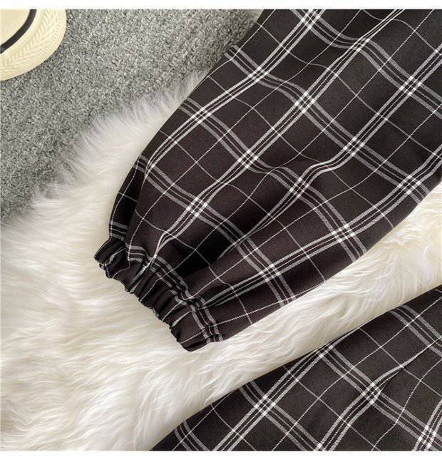 Contrast Color Cutout Knit Sweater Short Plaid Skirt