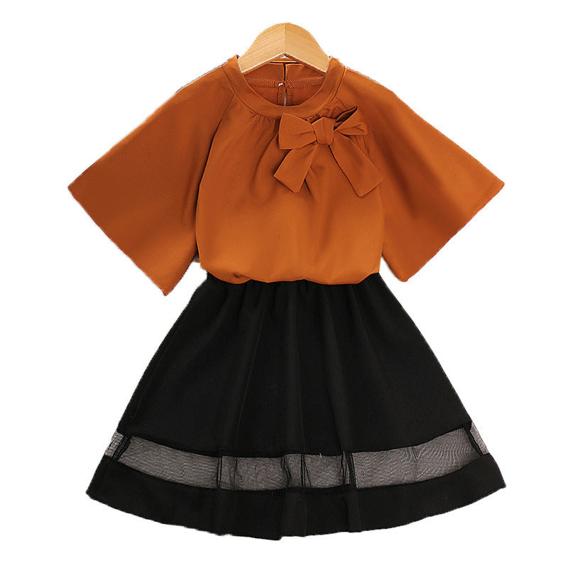Korean Style Baby Bow Short Sleeve T-shirt Mesh Splicing Skirt Two-piece Set