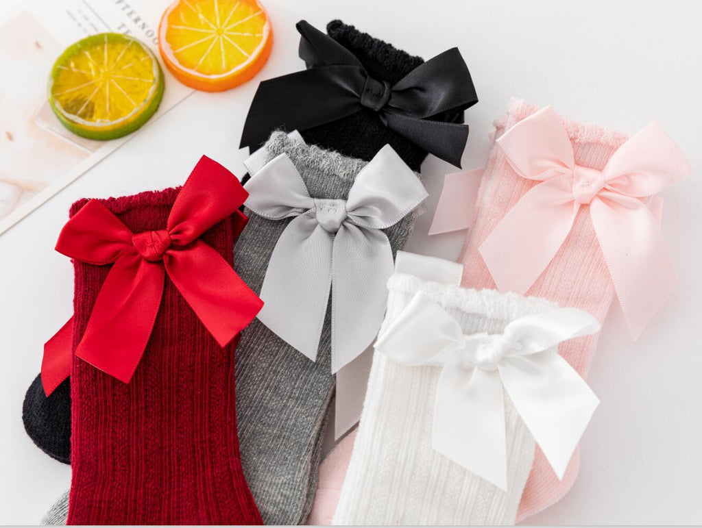 New Boys And Girls Solid Color Striped Stockings Pure Cotton Non-slip Bubble Mouth Baby Bow Tube Socks