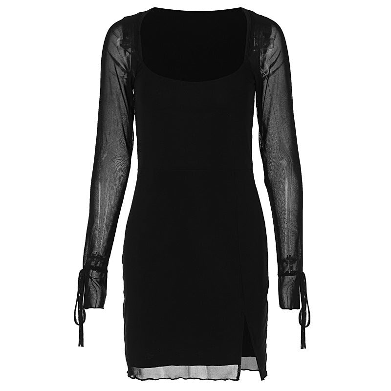 Mesh Slim-fit Slit Hip-wrapped Dress