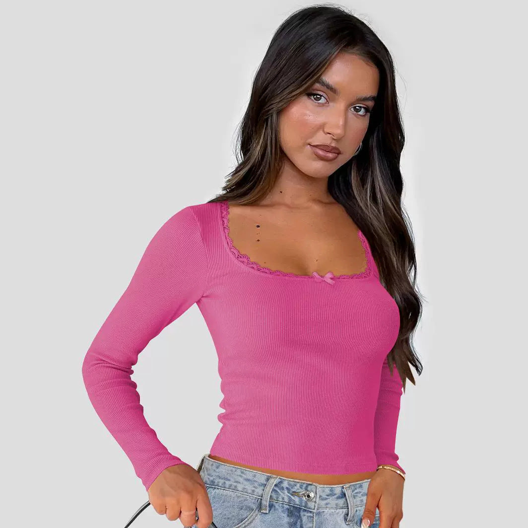 Slimming Slim Lace Stitching Hot Girl Top U-neck Bottoming Shirt