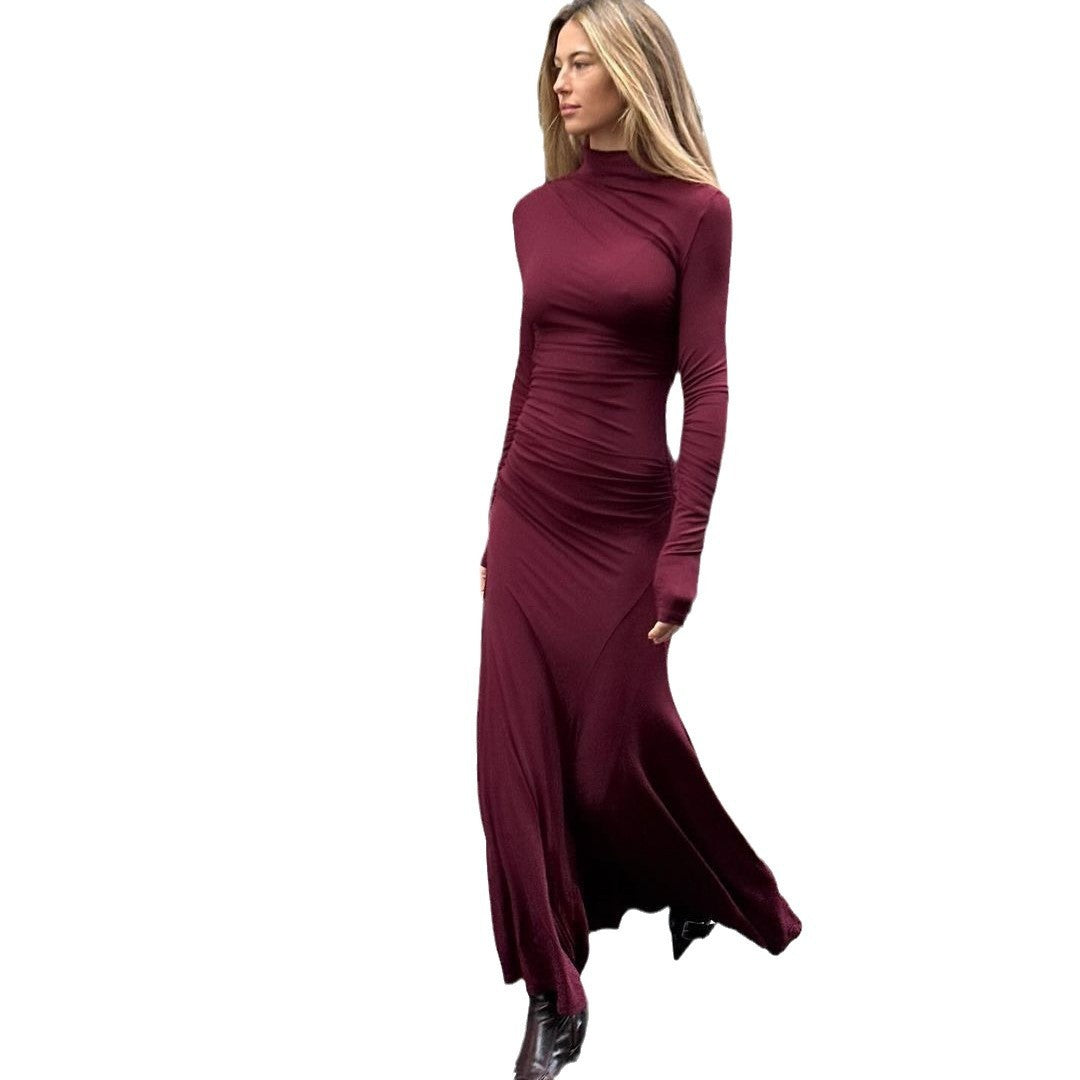 Elegant Slim Fit Half-high Collar Long Sleeves Hip Long Dress