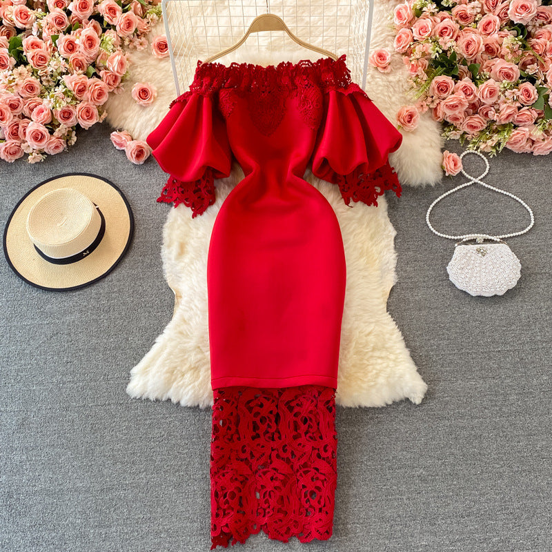Retro French Waist Red Bag Hip Dress