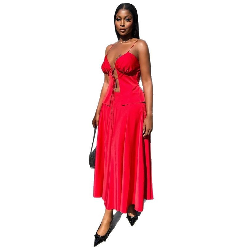 Lace-up Sling Top High Waist Skirt Suit