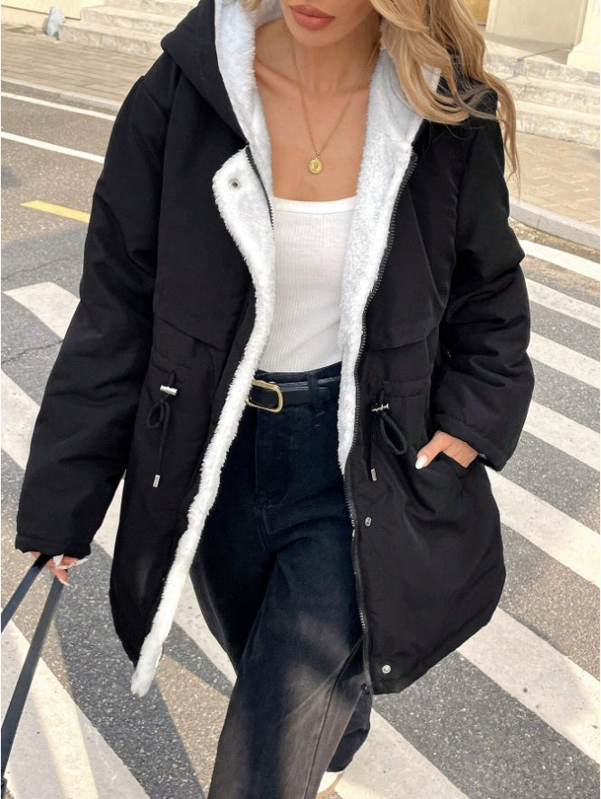 Drawstring Waist Hooded Plush Lined Parka Coat