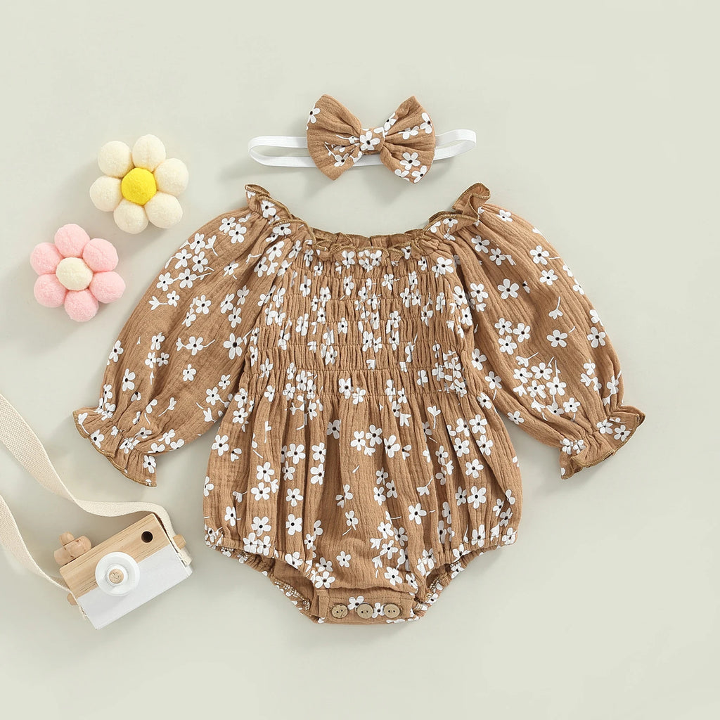 Flowers Full Printed Long-sleeve Jumpsuit Romper Bow Hair Accessories