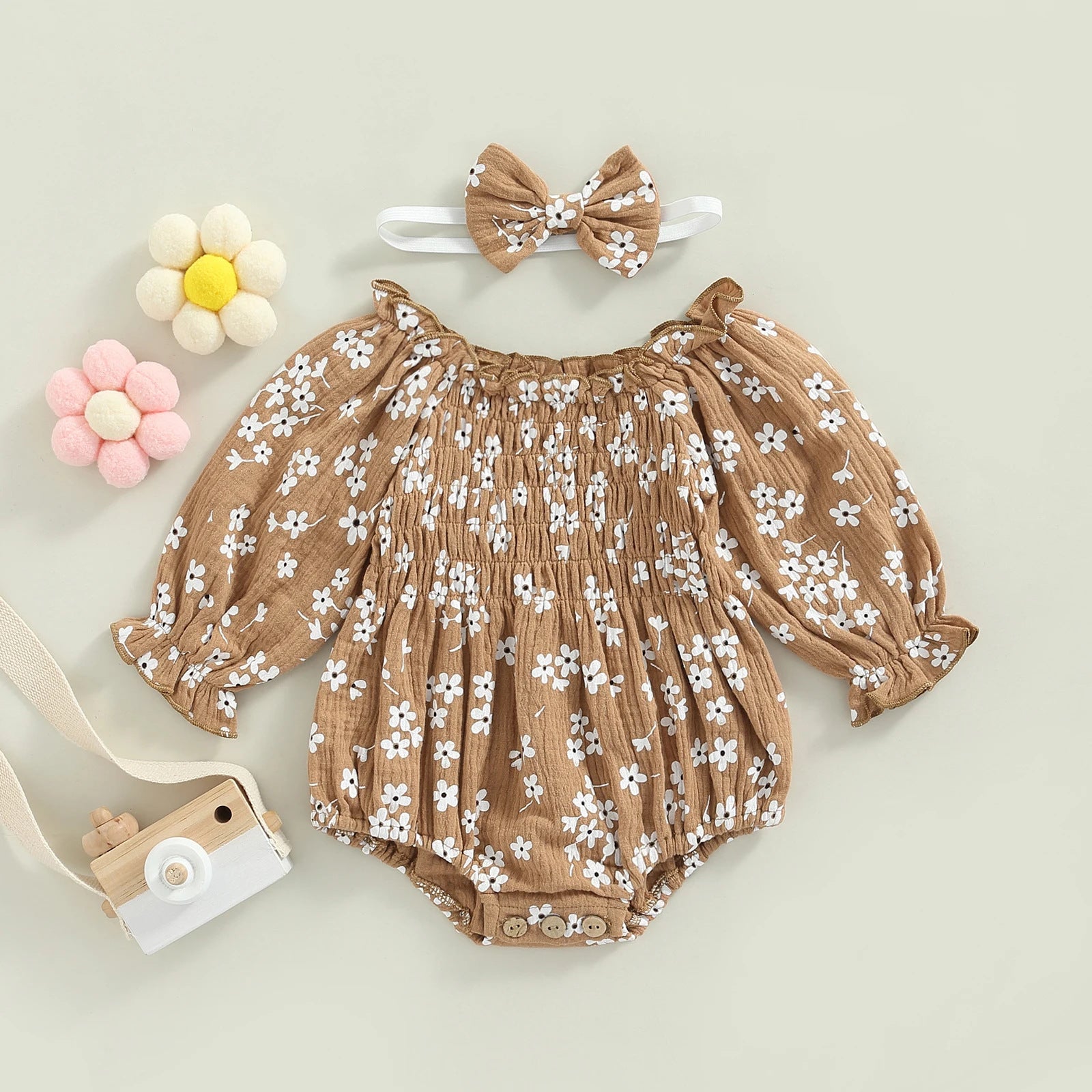 Flowers Full Printed Long-sleeve Jumpsuit Romper Bow Hair Accessories