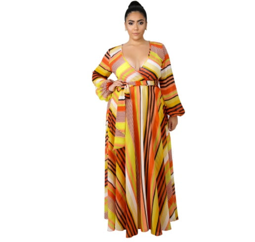 V-neck Long Sleeve Flower Beach Chiffon Dress