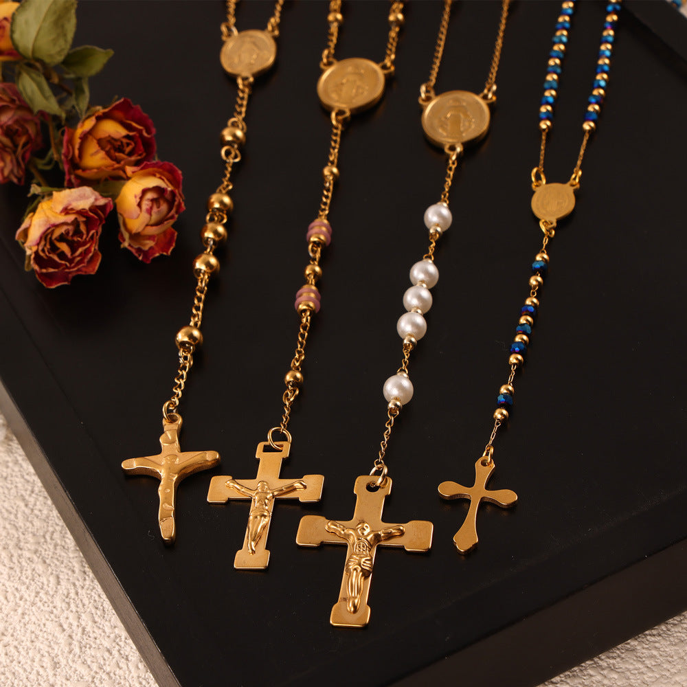 Retro Aloofness Style Personalized Hip Hop Niche Necklace Tassel Cross Pendant Titanium Steel Gold Plated Ornament