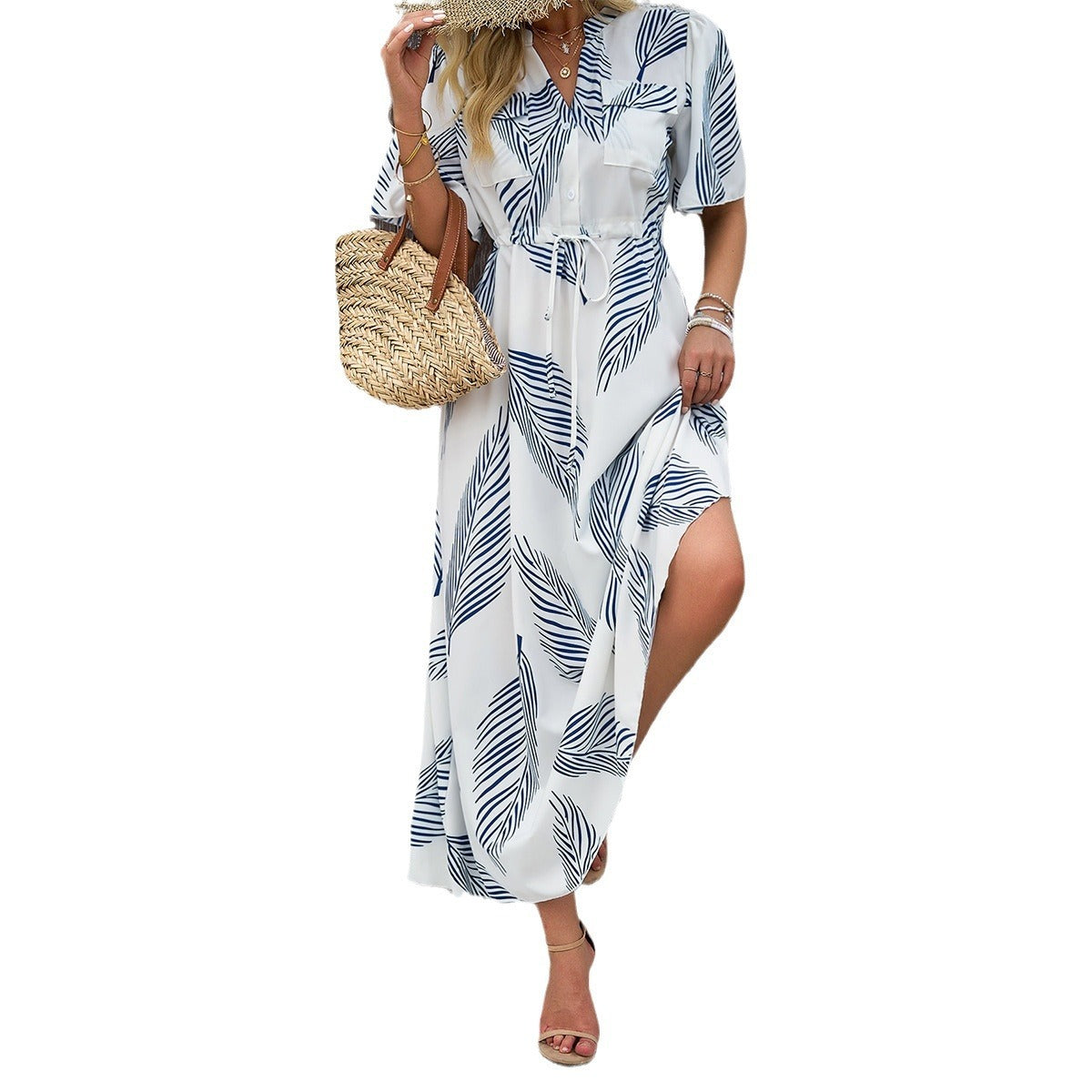 Temperament Vacation Style Printed V-neck Short Sleeve Dress
