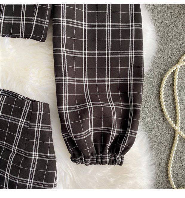 Contrast Color Cutout Knit Sweater Short Plaid Skirt