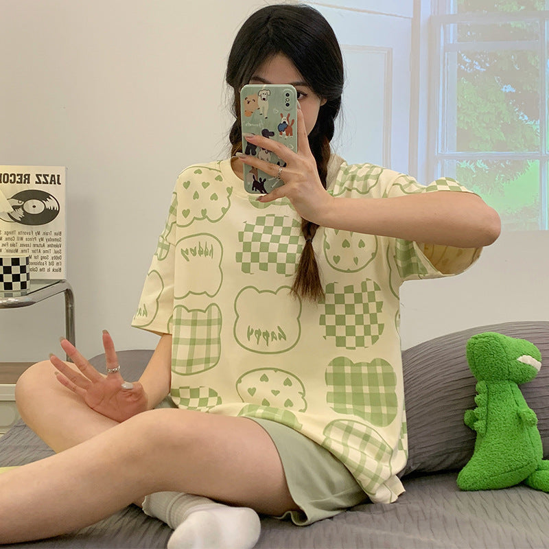 Women's Summer Cute Cartoon Short Sleeve Pajamas Suit