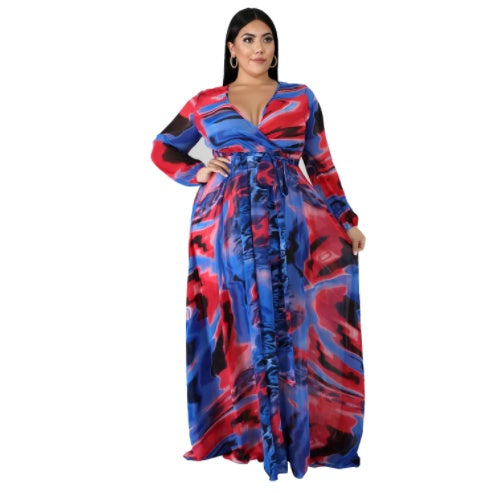 V-neck Long Sleeve Flower Beach Chiffon Dress