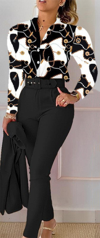 Printed Long-sleeved Top Solid Color Pants Suit With Belt
