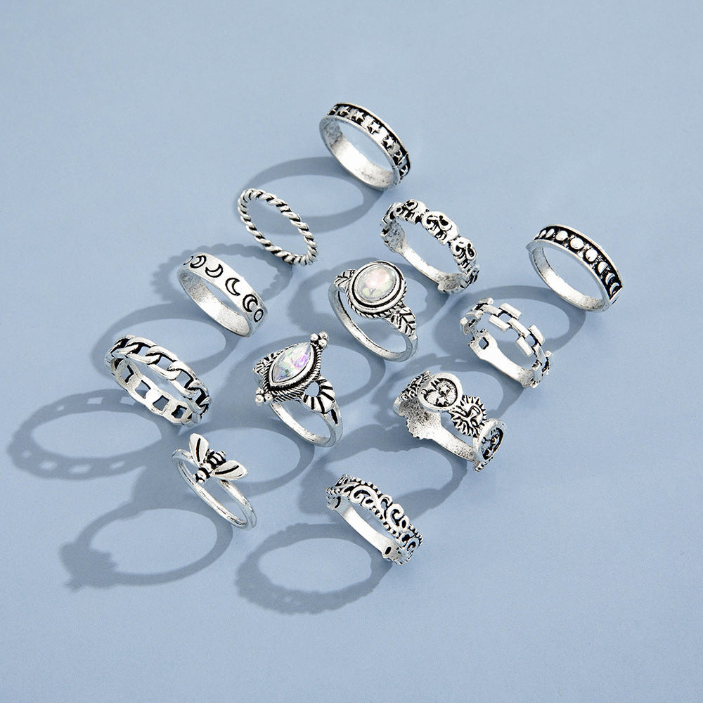 Twelve-piece Moon Embossed Lion Head Joint Ring Set
