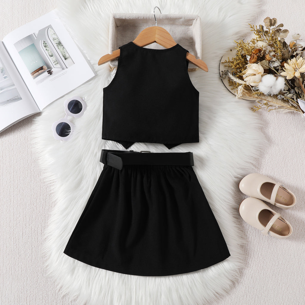 Girls' Fashionable V-neck Solid Color Single-breasted Vest Top Pleated Skirt Belt Three-piece Set