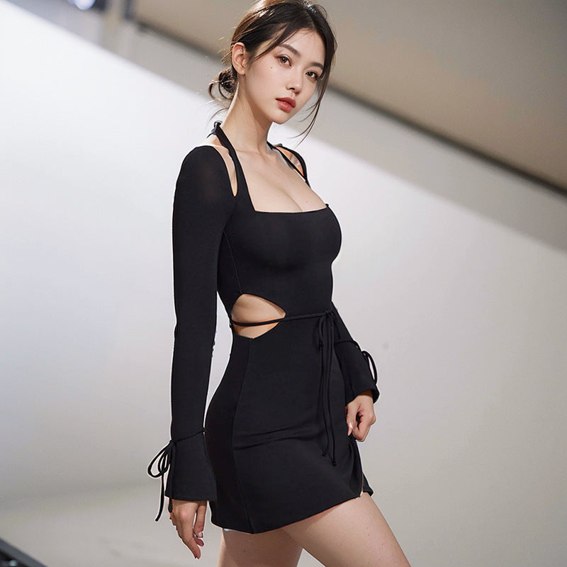 Long Sleeve Square-neck Bell Sleeve Strap Hot Girl Dress