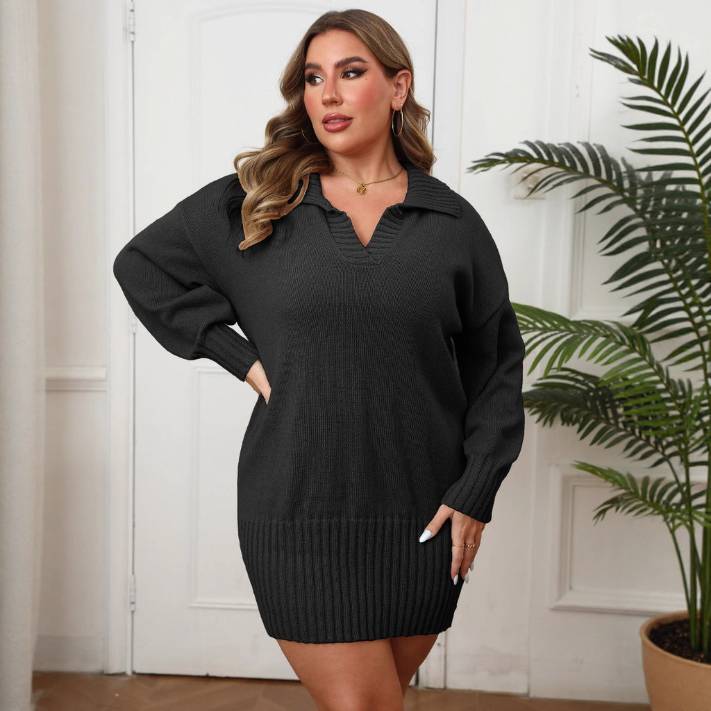 Plus Size Women's Polo Collar Hip Woven Dress Sweater