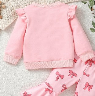 Two-piece Girls' Long Sleeve Flounced Sleeve Sweater Printed Bow Flared Pants Suit