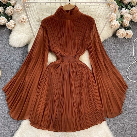 Spring And Autumn Pleated Bell Sleeve Turtleneck Dress