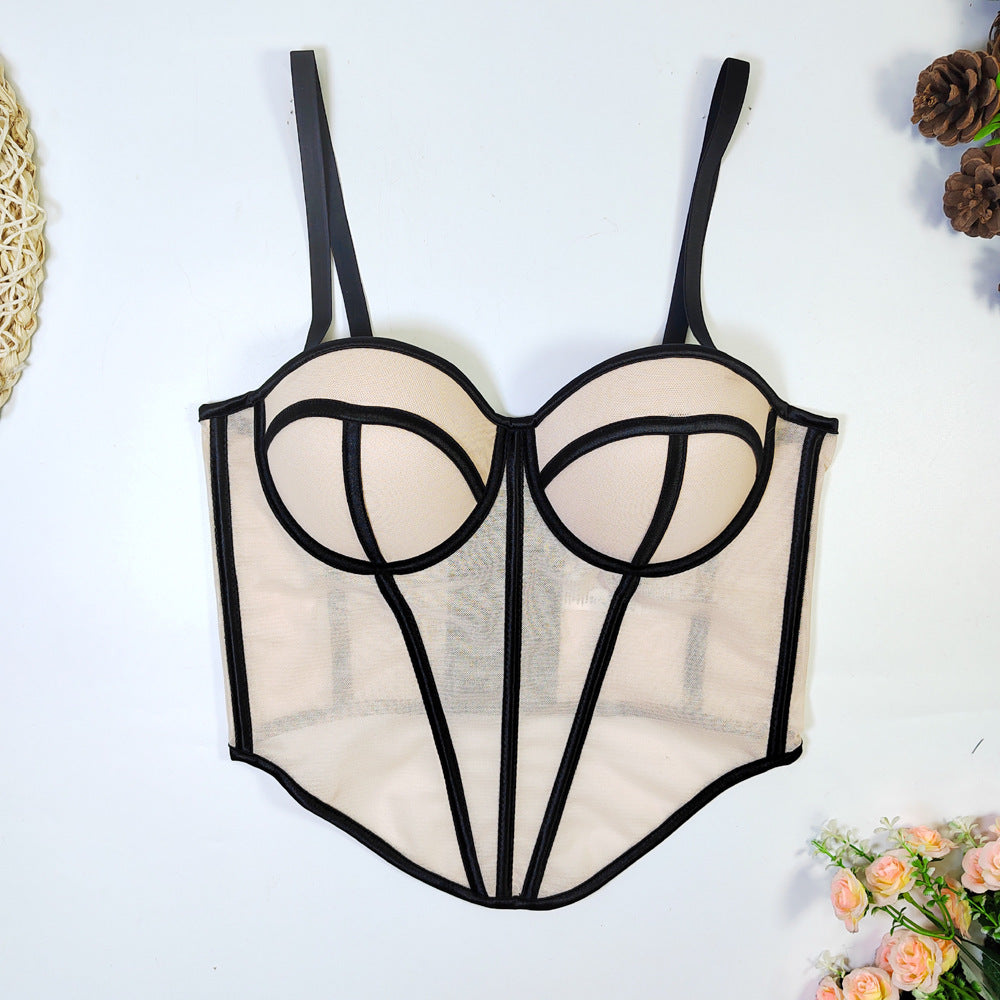 Cross Border Foreign Trade Fishbone Mesh Tube Top Backless Design Lines Contrast Color Corset Sexy Top