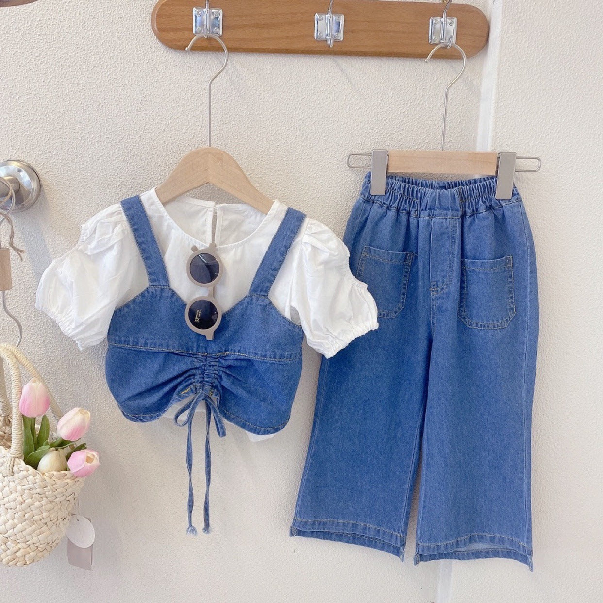 Girls' Wide-leg Suspender Pants Three-piece Suit